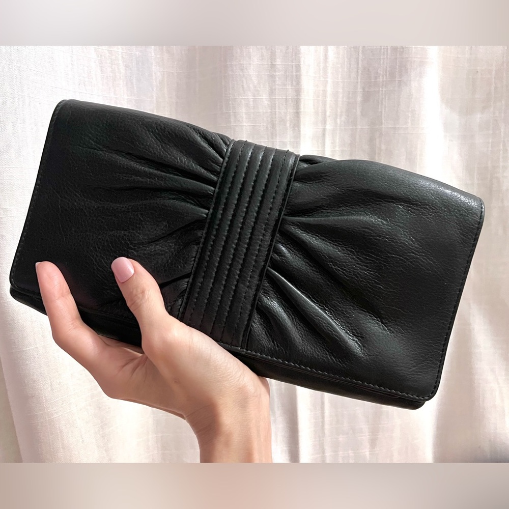 NEW Eileen West Black Leather Clutch Shirred Quilt
